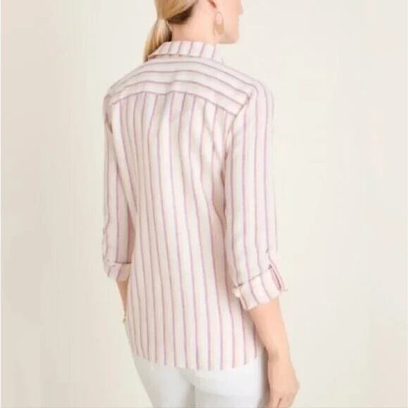 Chico's No Iron Linen Metallic Button Front Shirt Size XL / 3 Roll Tab Sleeves - Picture 8 of 11